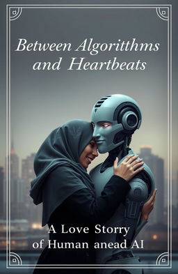 The cover of a futuristic yet emotional love story novel, featuring a tender embrace between a human woman wearing a hijab and a humanoid robot with a human-like face resembling a Turkish-Italian man with sharp features