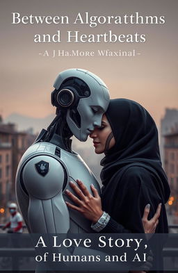 The cover of a futuristic yet emotional love story novel, featuring a tender embrace between a human woman wearing a hijab and a humanoid robot with a human-like face resembling a Turkish-Italian man with sharp features