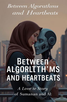 The cover of a futuristic yet emotional love story novel, featuring a tender embrace between a human woman wearing a hijab and a humanoid robot with a human-like face resembling a Turkish-Italian man with sharp features