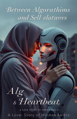 The cover of a futuristic yet emotional love story novel, featuring a tender embrace between a human woman wearing a hijab and a humanoid robot with a human-like face resembling a Turkish-Italian man with sharp features