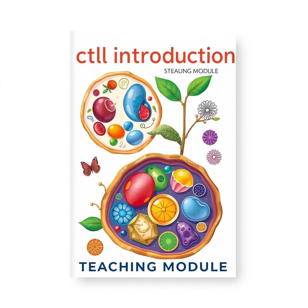 A visually captivating cover design for a teaching module on cell introduction, featuring intricate and colorful illustrations of various animal and plant cells