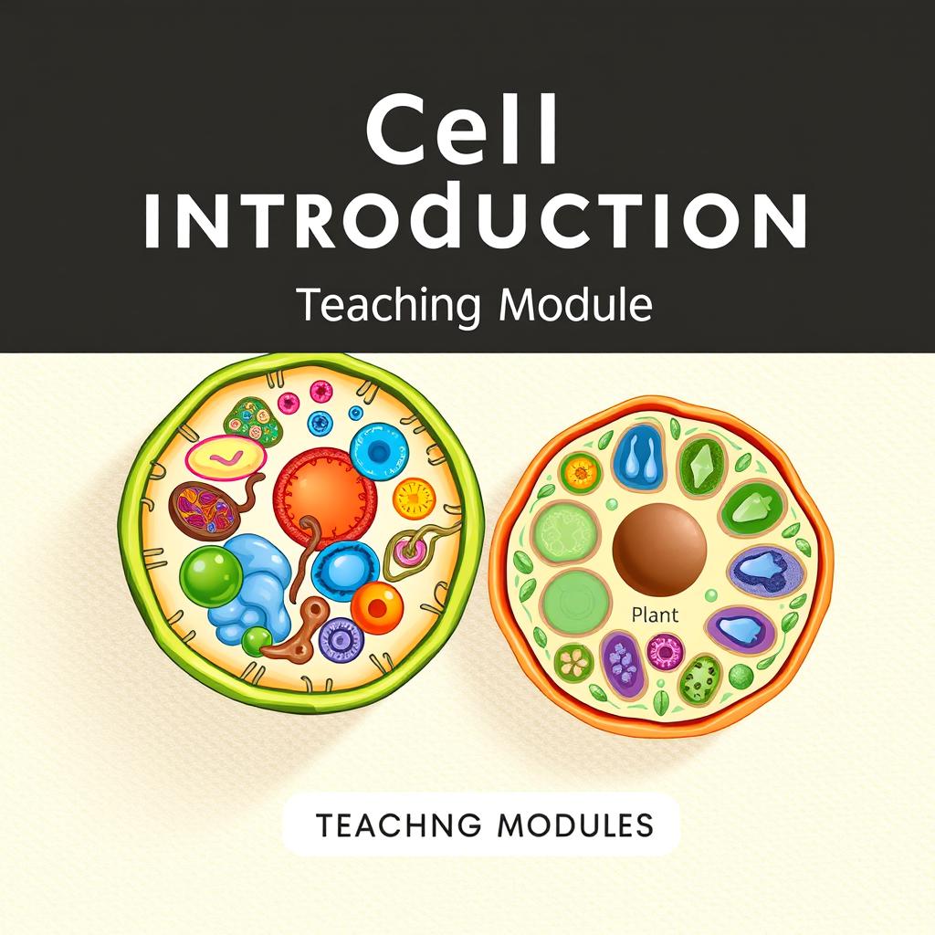 A visually captivating cover design for a teaching module on cell introduction, featuring intricate and colorful illustrations of various animal and plant cells