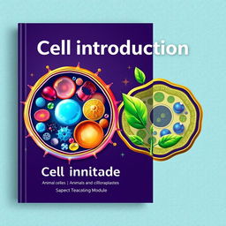 A visually captivating cover design for a teaching module on cell introduction, featuring intricate and colorful illustrations of various animal and plant cells