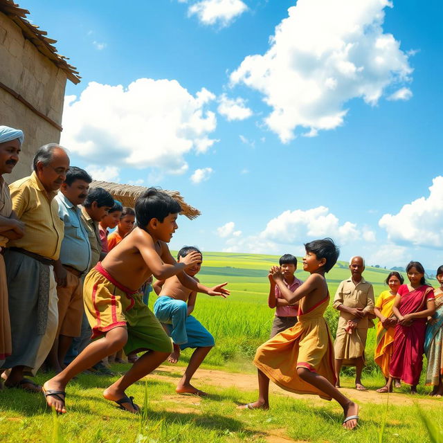 A lively village scene depicting children playing Kabaddi, a popular traditional sport