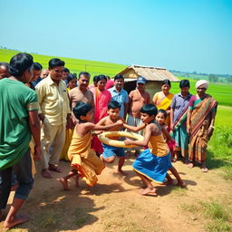 A lively village scene depicting children playing Kabaddi, a popular traditional sport