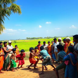 A lively village scene depicting children playing Kabaddi, a popular traditional sport