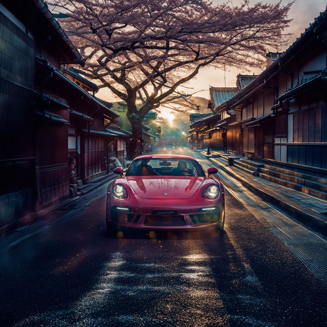 A Porsche GT3 driving through Kyoto's historic streets at early morning, captured in the style of Yousuf Karsh with particles floating in the air.