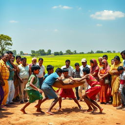 A lively village scene depicting children playing Kabaddi, a popular traditional sport