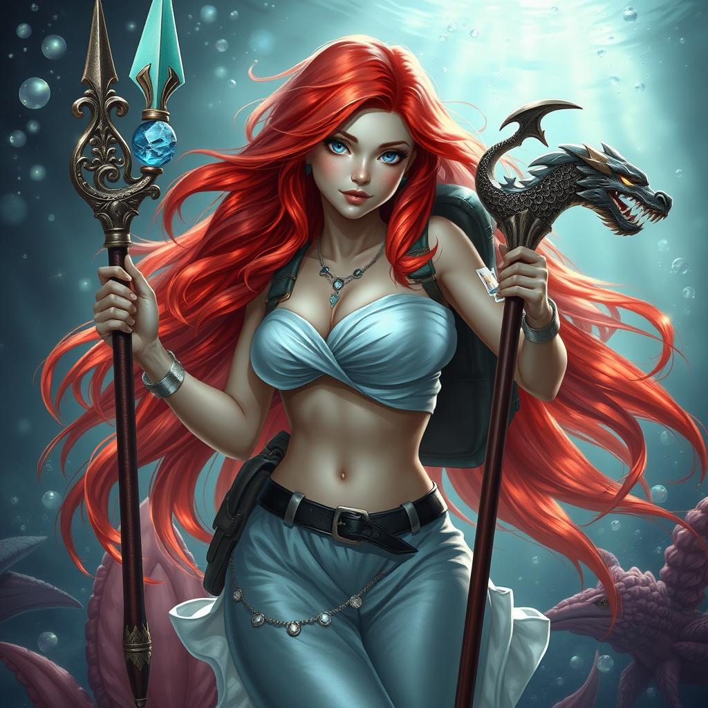 A fantastical Dungeons & Dragons mermaid character with vibrant red hair cascading down her back and striking silver eyes that gleam with magical energy