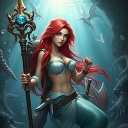 A fantastical Dungeons & Dragons mermaid character with vibrant red hair cascading down her back and striking silver eyes that gleam with magical energy