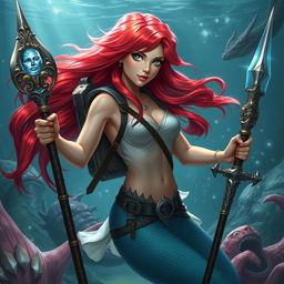 A fantastical Dungeons & Dragons mermaid character with vibrant red hair cascading down her back and striking silver eyes that gleam with magical energy