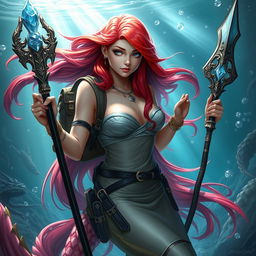 A fantastical Dungeons & Dragons mermaid character with vibrant red hair cascading down her back and striking silver eyes that gleam with magical energy