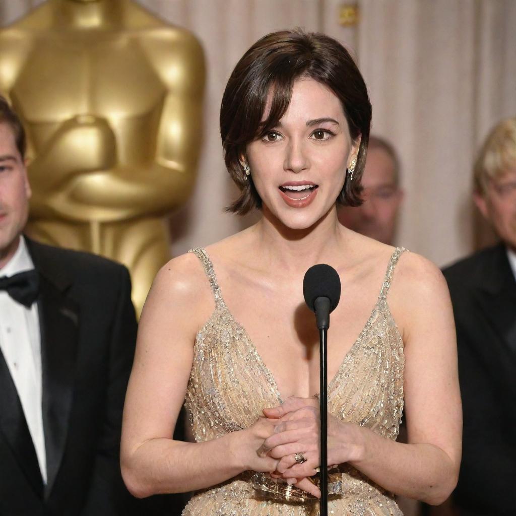 Brunette woman giving a speech with her Oscar award, with BTS watching her in admiration.