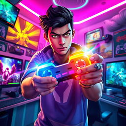 A powerful and immersive gaming scene that embodies the phrase "el poder gamer esta en tus manos