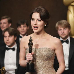 Brunette woman giving a speech with her Oscar award, with BTS watching her in admiration.