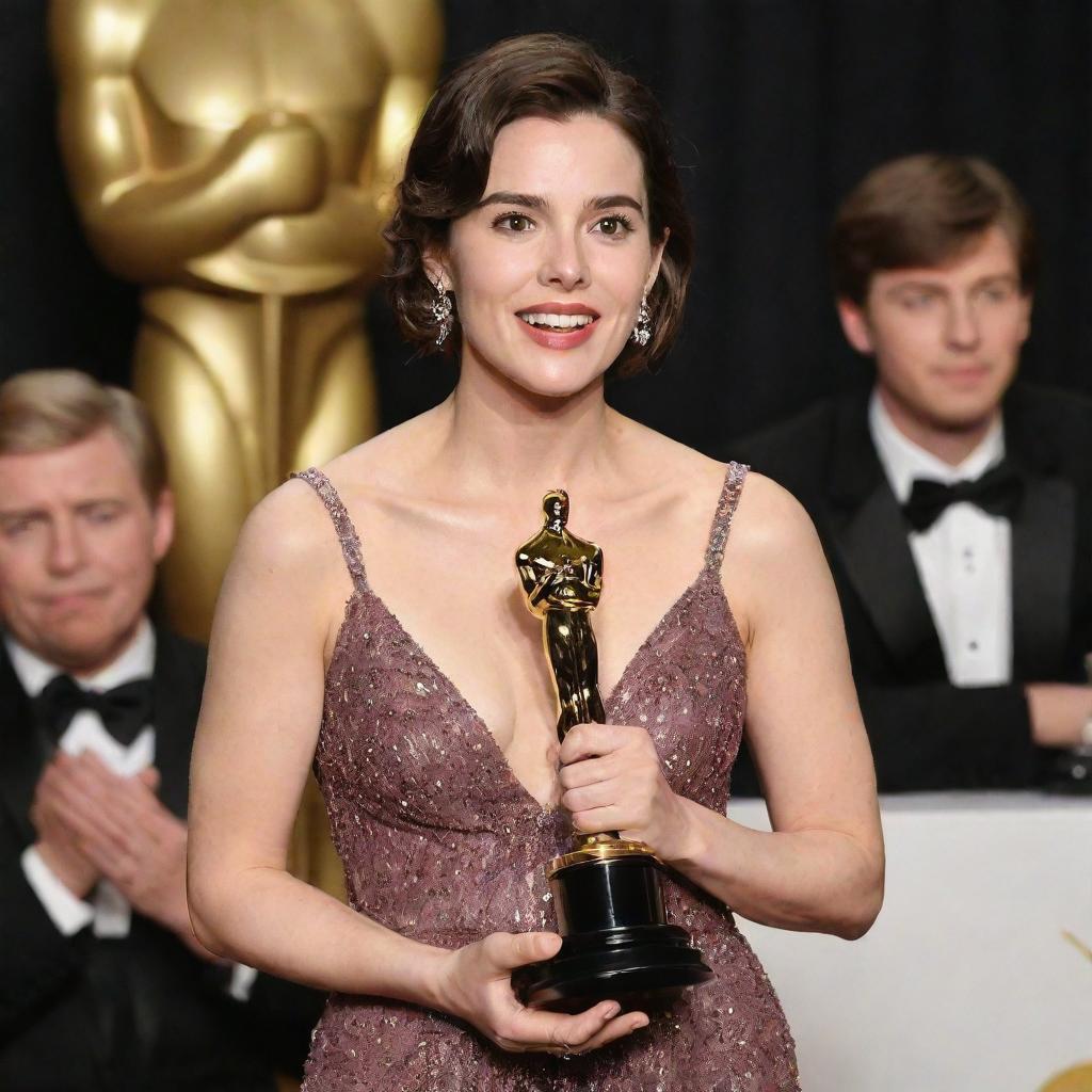 Brunette woman giving a speech with her Oscar award, with BTS watching her in admiration.