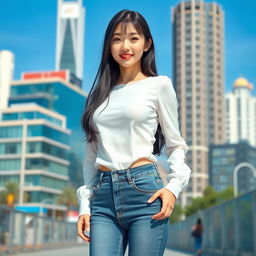 A realistic full-body depiction of an 18-year-old Korean girl with a slim build, long black hair cascading down her shoulders