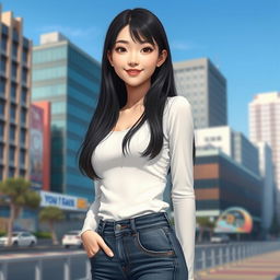 A realistic full-body depiction of an 18-year-old Korean girl with a slim build, long black hair cascading down her shoulders