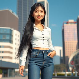 A realistic full-body depiction of an 18-year-old Korean girl with a slim build, long black hair cascading down her shoulders