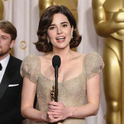 Brunette woman giving a speech with her Oscar award, with BTS watching her in admiration.