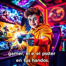 An electrifying scene showcasing the phrase "gamer, el poder está en tus manos