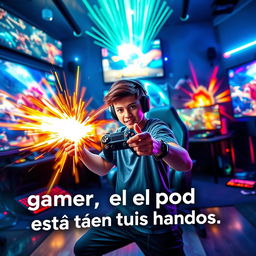 An electrifying scene showcasing the phrase "gamer, el poder está en tus manos