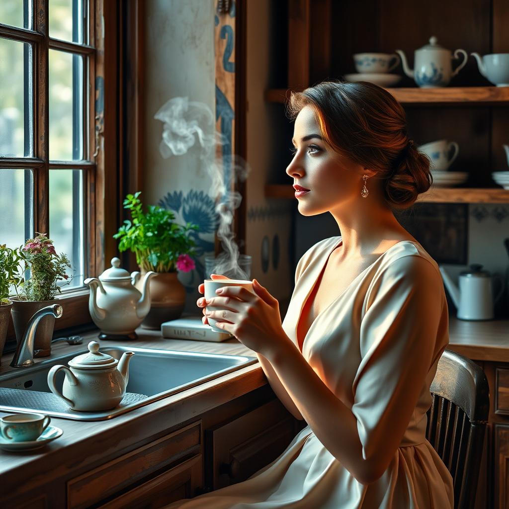 A serene scene of a woman sitting in a cozy kitchen, elegantly dressed, with soft lighting illuminating her features