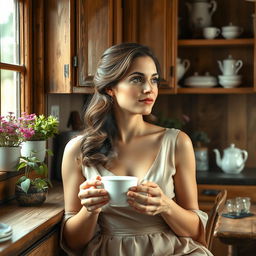 A serene scene of a woman sitting in a cozy kitchen, elegantly dressed, with soft lighting illuminating her features