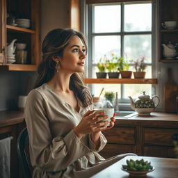 A serene scene of a woman sitting in a cozy kitchen, elegantly dressed, with soft lighting illuminating her features