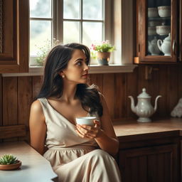 A serene scene of a woman sitting in a cozy kitchen, elegantly dressed, with soft lighting illuminating her features