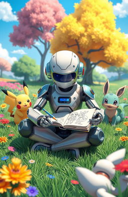 A vibrant, whimsical scene depicting a 9-year-old bot with a cute, shiny exterior, sitting cross-legged on the grass in a lush Pokémon world