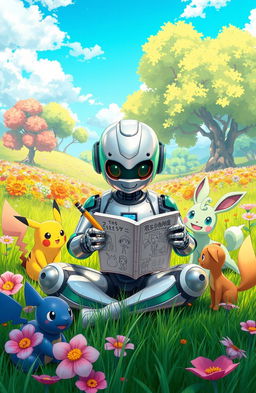 A vibrant, whimsical scene depicting a 9-year-old bot with a cute, shiny exterior, sitting cross-legged on the grass in a lush Pokémon world