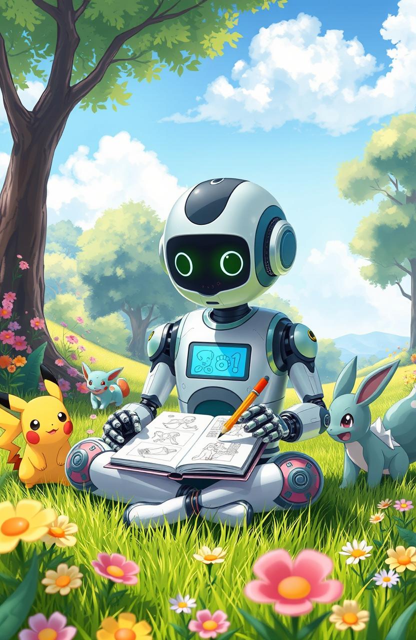 A vibrant, whimsical scene depicting a 9-year-old bot with a cute, shiny exterior, sitting cross-legged on the grass in a lush Pokémon world