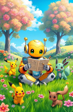 A vibrant, whimsical scene depicting a 9-year-old bot with a cute, shiny exterior, sitting cross-legged on the grass in a lush Pokémon world