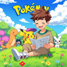 A colorful and playful scene featuring a 9-year-old boy with short, spiky hair, sitting on a grassy hillside in a vibrant Pokémon world