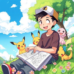 A colorful and playful scene featuring a 9-year-old boy with short, spiky hair, sitting on a grassy hillside in a vibrant Pokémon world