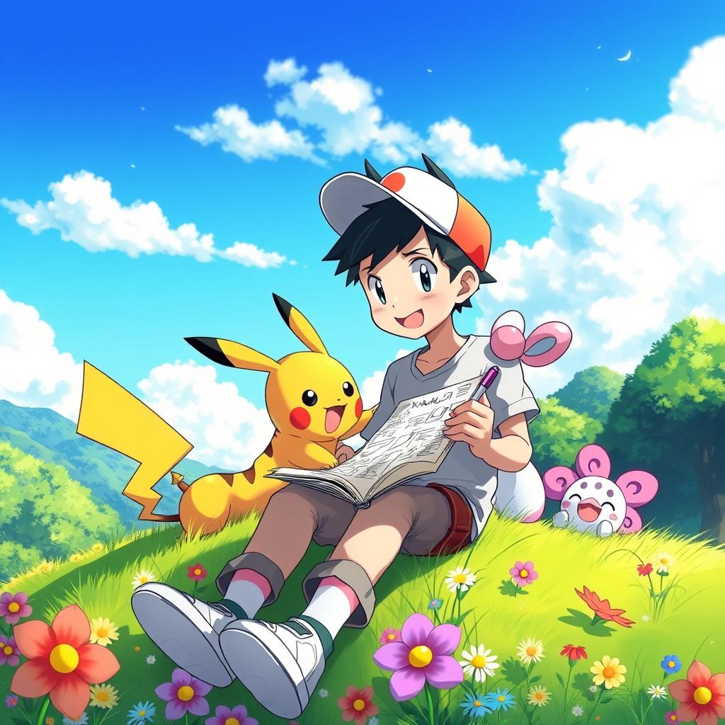 A colorful and playful scene featuring a 9-year-old boy with short, spiky hair, sitting on a grassy hillside in a vibrant Pokémon world