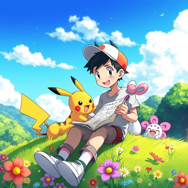 A colorful and playful scene featuring a 9-year-old boy with short, spiky hair, sitting on a grassy hillside in a vibrant Pokémon world