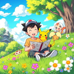 A colorful and playful scene featuring a 9-year-old boy with short, spiky hair, sitting on a grassy hillside in a vibrant Pokémon world