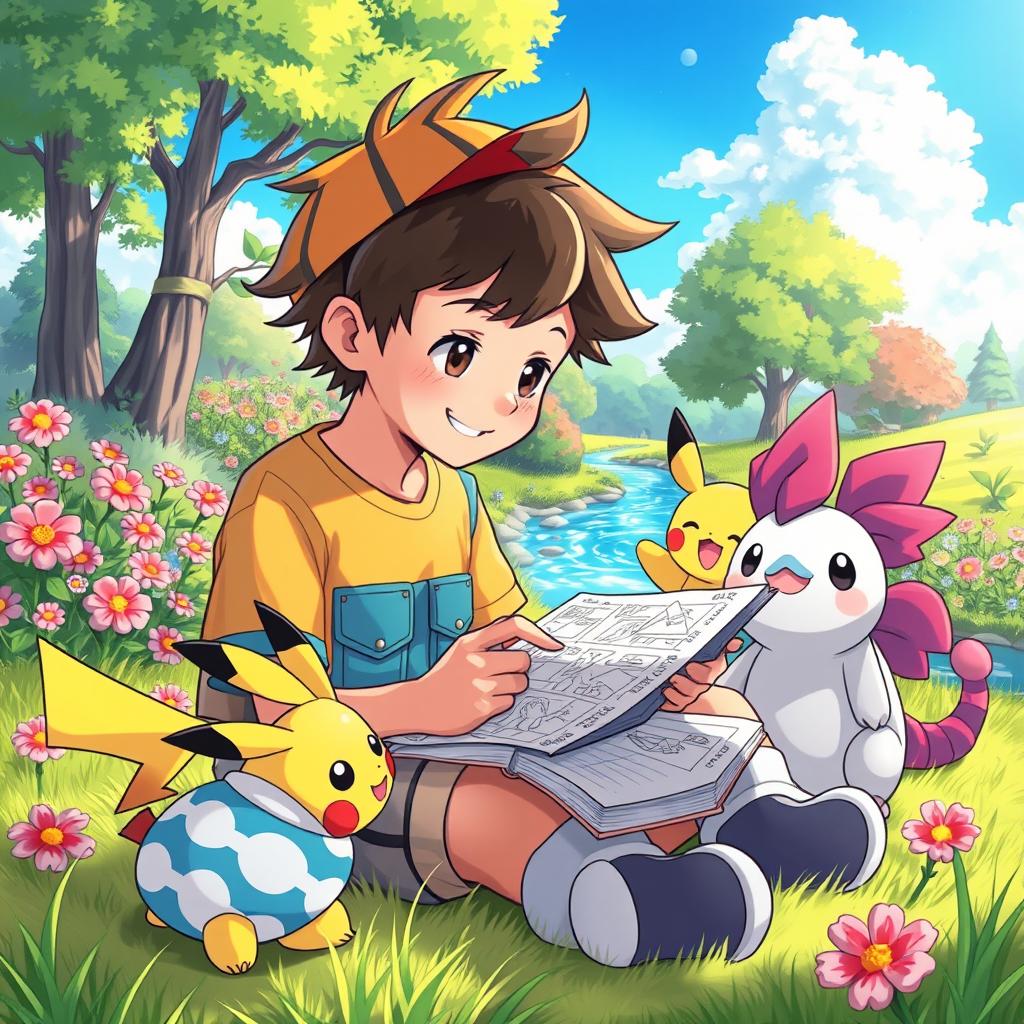 A lively and colorful scene showing a 9-year-old boy with messy hair, sitting on a soft patch of grass in a bright and enchanting Pokémon world