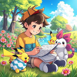 A lively and colorful scene showing a 9-year-old boy with messy hair, sitting on a soft patch of grass in a bright and enchanting Pokémon world