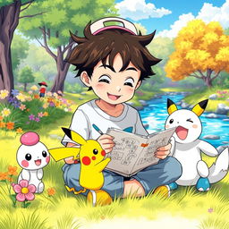 A lively and colorful scene showing a 9-year-old boy with messy hair, sitting on a soft patch of grass in a bright and enchanting Pokémon world