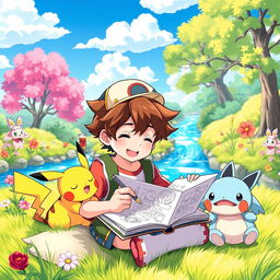 A lively and colorful scene showing a 9-year-old boy with messy hair, sitting on a soft patch of grass in a bright and enchanting Pokémon world