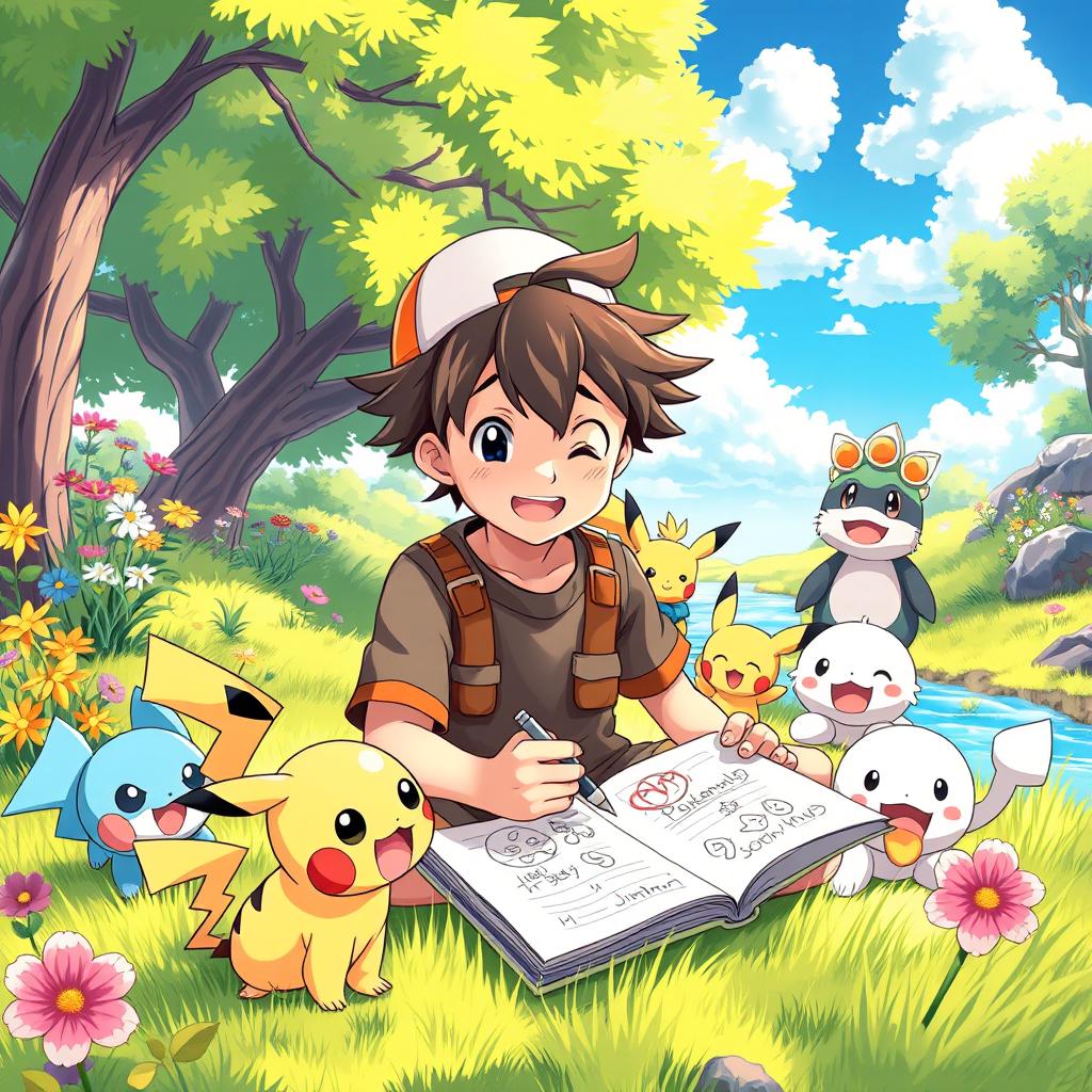 A lively and colorful scene showing a 9-year-old boy with messy hair, sitting on a soft patch of grass in a bright and enchanting Pokémon world