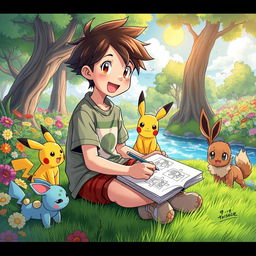 An enchanting scene showcasing a 9-year-old boy with tousled hair and an excited expression, immersed in creating manga drawings in a vibrant Pokémon world