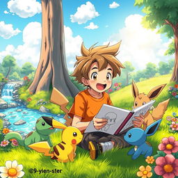 An enchanting scene showcasing a 9-year-old boy with tousled hair and an excited expression, immersed in creating manga drawings in a vibrant Pokémon world