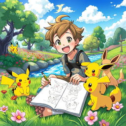 An enchanting scene showcasing a 9-year-old boy with tousled hair and an excited expression, immersed in creating manga drawings in a vibrant Pokémon world