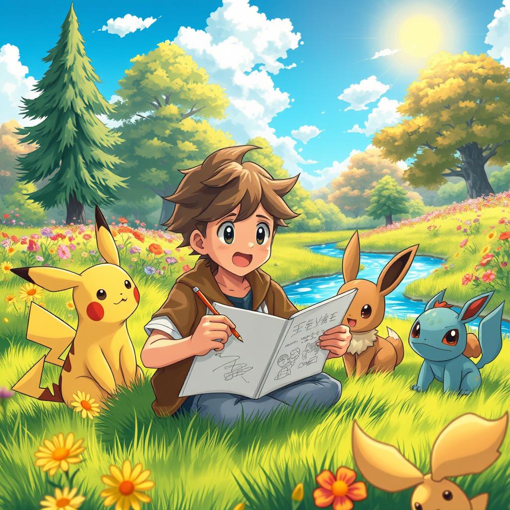 An enchanting scene showcasing a 9-year-old boy with tousled hair and an excited expression, immersed in creating manga drawings in a vibrant Pokémon world