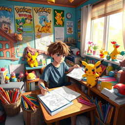 A cozy interior scene of a 9-year-old boy with messy hair, enthusiastically creating manga drawings in his colorful room set in a Pokémon world