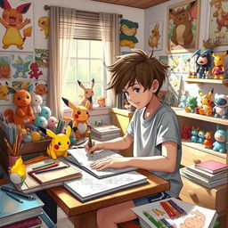 A cozy interior scene of a 9-year-old boy with messy hair, enthusiastically creating manga drawings in his colorful room set in a Pokémon world